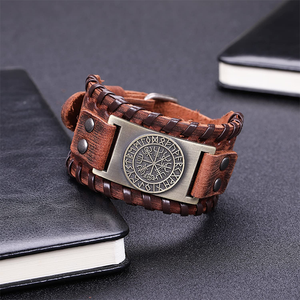 Vintage Men's Wide Leather Pirate Stainless Steel Compass Bangle