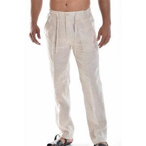 Mens Casual Linen Pants Elastic Drawstring Waist Summer Loose Fit Long Beach Yoga Pants