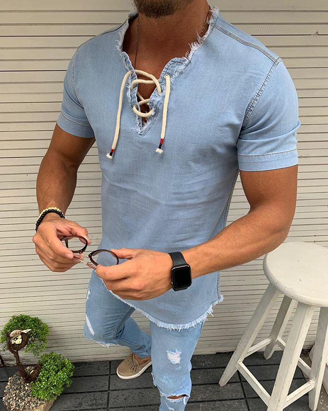 Denim Blue V Neck T-shirts