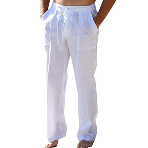 Mens Casual Linen Pants Elastic Drawstring Waist Summer Loose Fit Long Beach Yoga Pants