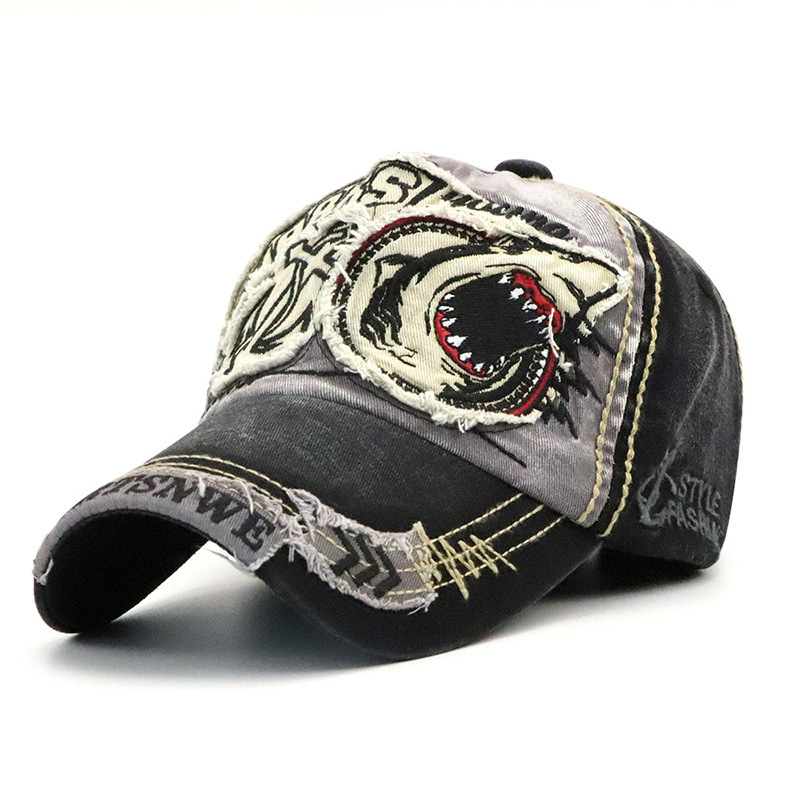 Distressed Shark Embroidered Washed Cotton Baseball Hat Visor Hat