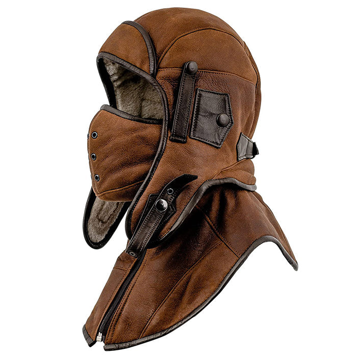 Genuine Leather Aviator Trapper Cap with Mask and Collar