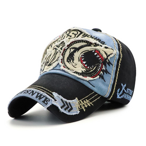 Distressed Shark Embroidered Washed Cotton Baseball Hat Visor Hat