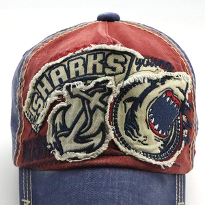 Distressed Shark Embroidered Washed Cotton Baseball Hat Visor Hat