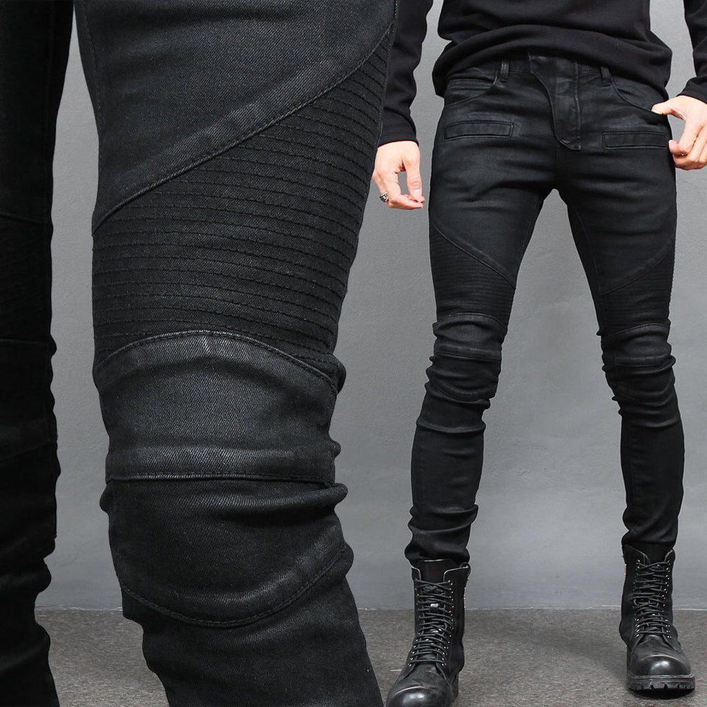 Gentler Super Slim Fit Black Wax Coated Bikers Skinny Jeans