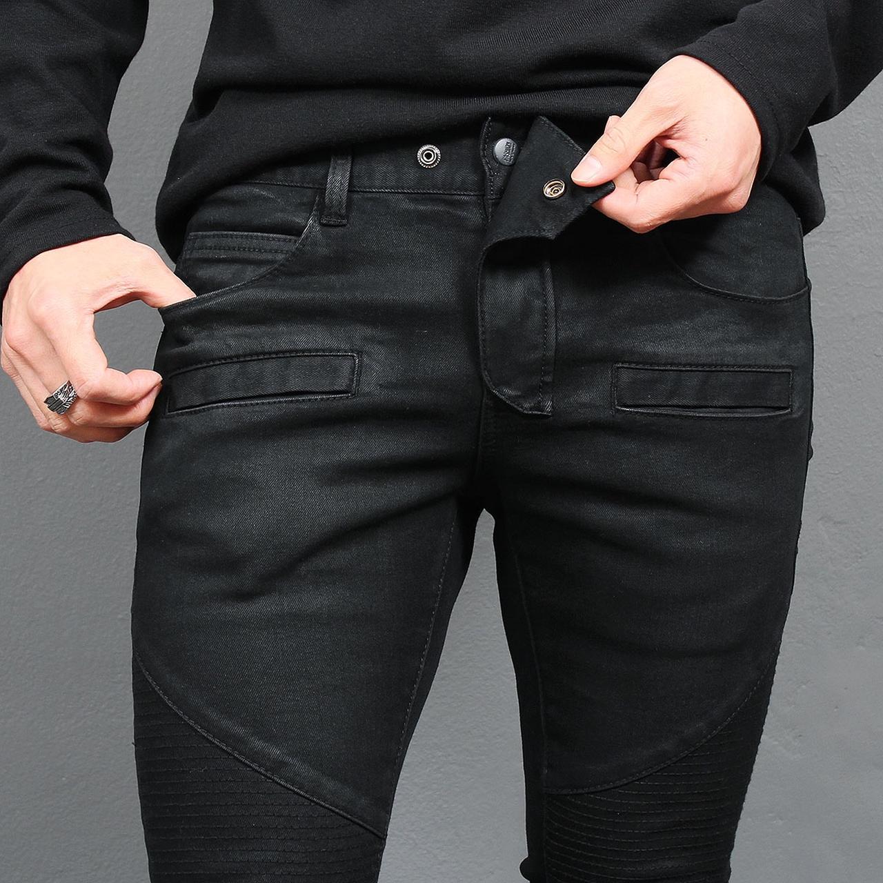 Gentler Super Slim Fit Black Wax Coated Bikers Skinny Jeans